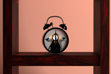 Alarm clock on a wooden shelf. with a shocked woman holding a watch on the dial. 3D rendering