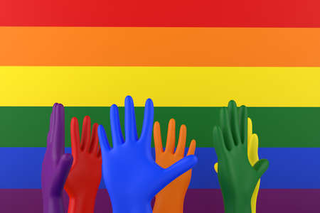 LGBT culture concept. Hands in the colors of the rainbow flag on the background of the flag. 3D renderingの写真素材