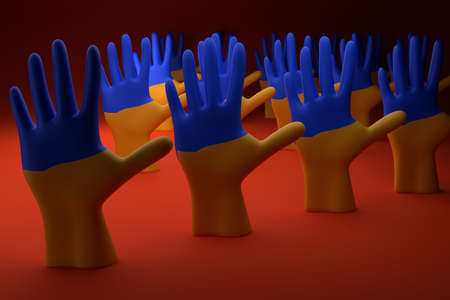 Many palms painted in the colors of the Ukrainian flag on a red background. Unity, help to Ukraine, donation concept. 3D renderingの写真素材