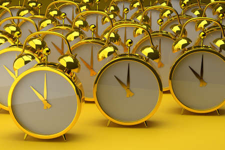Many golden alarm clocks on a yellow background. Time management, deadline concept. 3D rendering.