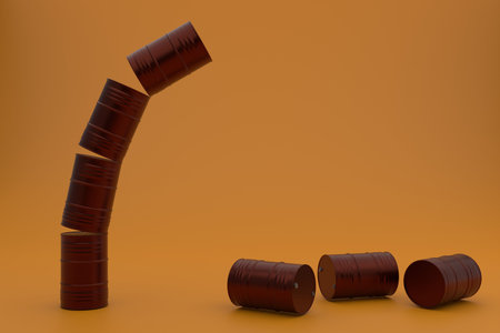 Metal barrels for industrial oil are falling down. Expensive diesel fuel concept. yellow background. 3d renderingの写真素材