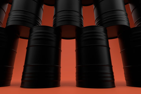 Metal barrels for industrial oil. The barrels for diesel fuel are stacked on top of each other. red background. 3d renderingの写真素材