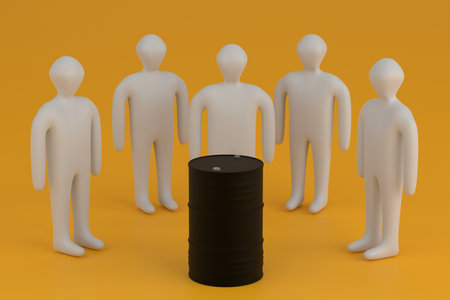 The queue for a metal barrel for oil or diesel fuel. yellow background. scarcity concept. 3D rendering.の写真素材