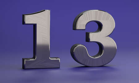 number 13 made of steel on a blue background. 3D rendering.