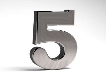 Number five made of steel on a white background. Metal volumetric figure. 3D rendering.