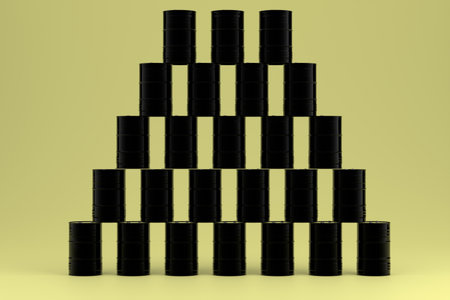 Black iron barrels for industrial oil. The barrels for diesel fuel are stacked. yellow background. 3d renderingの写真素材