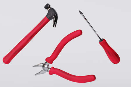 hammer and pliers and screwdriver levitation on a white background. hand tools. 3D rendering.