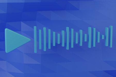 A voice message. Volumetric symbol of play and speech on a blue polygonal background. 3D rendering.の写真素材
