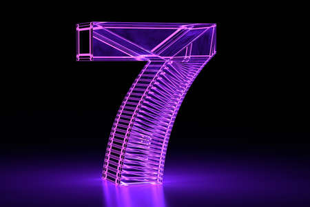 Neon glowing volumetric 3D number seven. Purple. digital design. 3D rendering.の写真素材