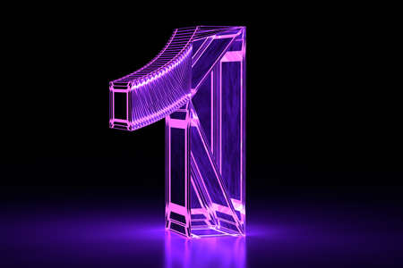 Neon glowing volumetric 3D number one. Purple. digital design. 3D rendering.の写真素材