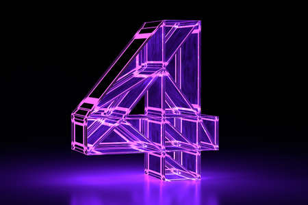 Neon glowing volumetric 3D number four. Purple. digital design. 3D rendering.