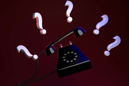 unknown call concept. Retro phone in black with question marks. 3D rendering.