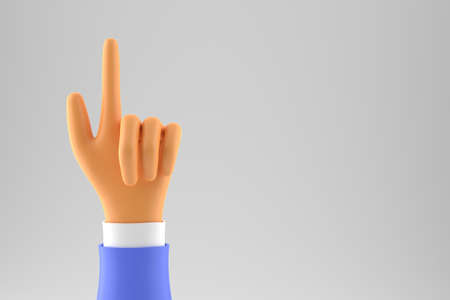 cartoon businessman hand with raised index finger. gray background. Place for text. 3d rendering