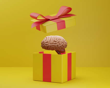 creative gift concept. Gift box with brains inside. yellow background. 3D rendering.