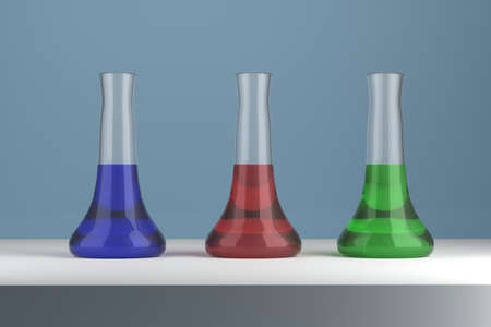 Chemical containers with liquids of different colors. 3d rendering