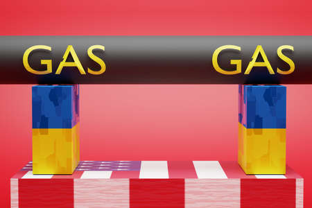 Gas sanctions concept. A gas pipe stands on racks in the colors of the Ukrainian flag on a podium in...