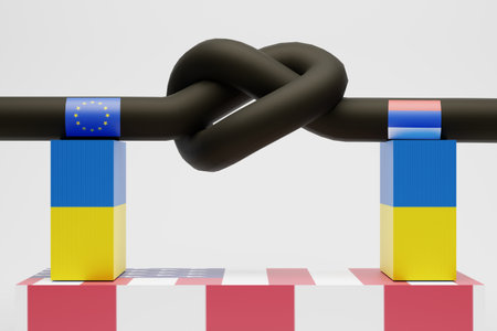 Gas sanctions concept. A gas pipe tied into a knot stands on racks in the colors of the flag of Ukraine on a podium in the colors of the US flag. white background. 3D rendering.の写真素材
