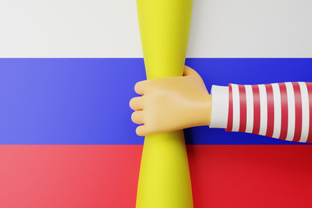 Reduction of gas transit from Russia. Gas sanctions concept. The hand is squeezing a gas pipe in the color of the european union flag. 3D rendering.の写真素材