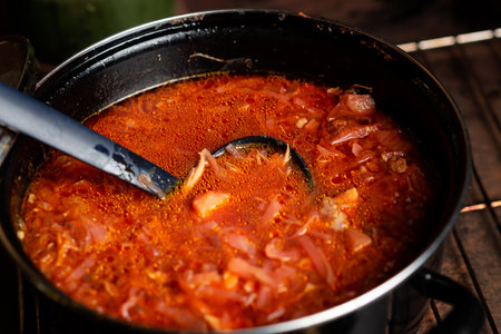 Saucepan with red Ukrainian borscht. The national dish is a soup of cabbage, beets and vegetables in meat broth.の写真素材