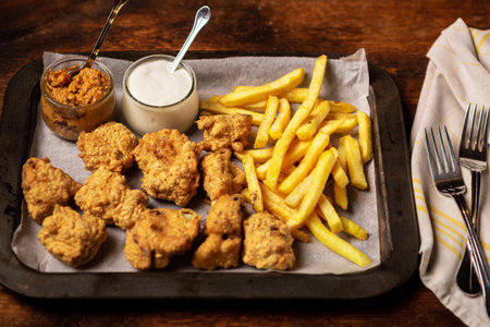 Cauliflower wings food. Cauliflower pieces and french fries with vegan sauces. Vegetarian food.の写真素材
