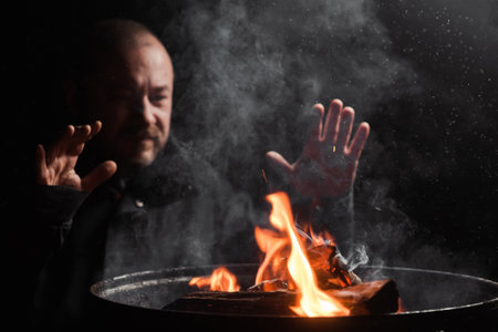 A man is warming himself by the fire of a barrel in the dark. Homeless, emigrant, beggar concept.