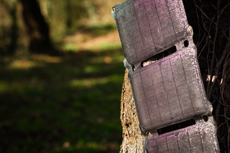 A portable solar panel hangs on a tree in the sun. Charging electronic gadgets on a hike, during...