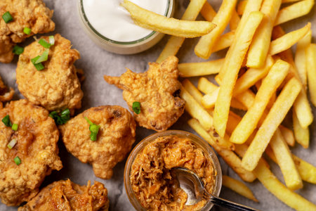 Cauliflower wings food. Cauliflower pieces and french fries with vegan sauces. Vegetarian food.の写真素材