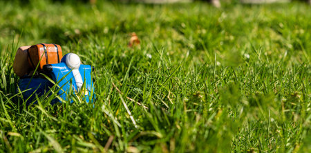 Toy scooter on green grass. Banner. Place for text. Delivery, active lifestyle, travel concept.の写真素材