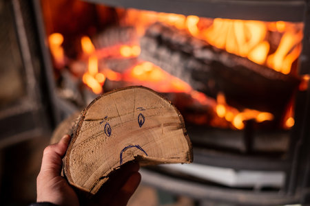 Rise in price of firewood for heating concept. Hand holds log with sad smiley against background of burning fireplaceの写真素材
