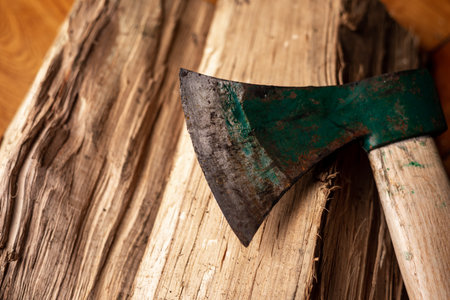 Ax and log on dark background. Firewood harvesting for winter conceptの写真素材