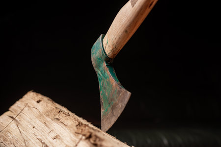 Ax and log on dark background. Firewood harvesting for winter concept