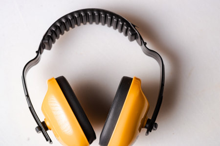 Headphones that protect against noise on white background. Construction Headphones.の写真素材
