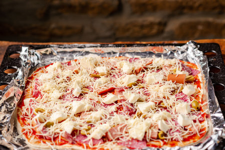 Cooking homemade pizza on baking sheet. Raw pizza on background of brick wall.の写真素材