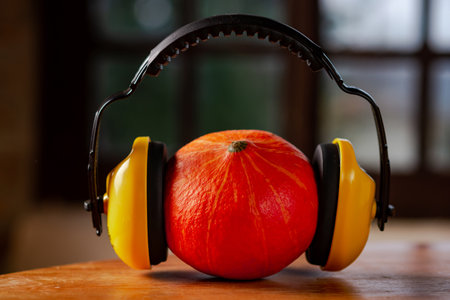 Pumpkin with headphones on wooden background. Headphones anti-noise worn on pumpkin. When you don't want to hear sounds.の写真素材
