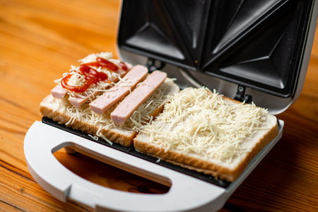 open sandwich maker with cheese toast and sausages. sandwiching.