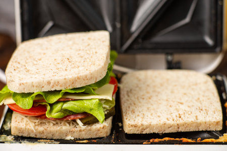 Whole wheat toast sandwich with salami and herbs in a sandwich maker close-up.