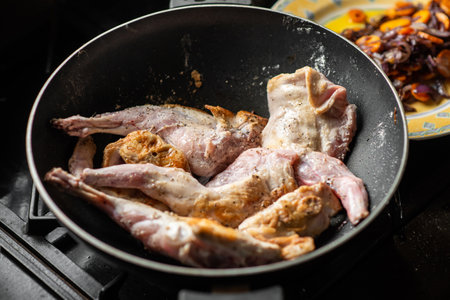 Raw rabbit with spices in a pan. Cooking stewed rabbit.の写真素材
