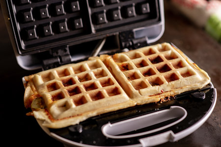 Cooking waffles stuffed with sausage, cheese. Pizza waffle, piffle. Open waffle iron.の写真素材