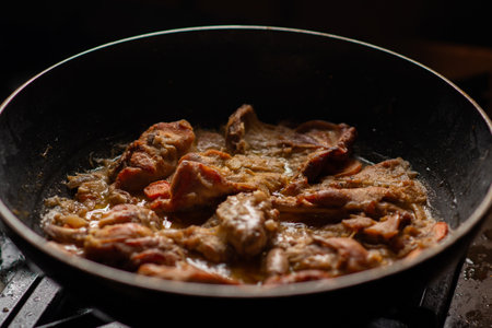 stewed rabbit in a pan. Rabbit cooked with onions and carrots.の写真素材