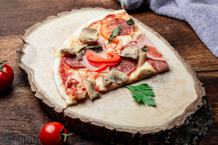 Pizza with ham and bacon, mushrooms and tomatoes on a slice of wood on a brown wooden background.の写真素材