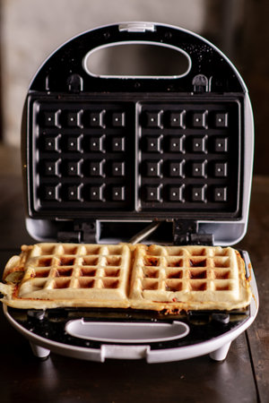 Cooking waffles stuffed with sausage, cheese. Pizza waffle, piffle.の写真素材