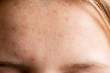 Pimples on forehead of teenager girl. Close-up of skin with inflammation. Adolescence, adolescence. close-up. Small pimples all over the surface of the forehead.の写真素材