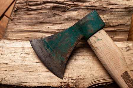 Ax and log on dark background. Firewood harvesting for winter conceptの写真素材
