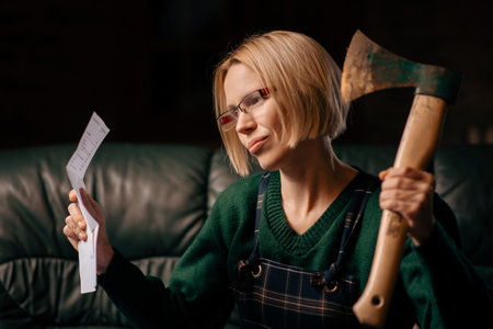 Bad news in a letter. A woman in a rage holds a letter and an ax in her hands. bad news.の写真素材
