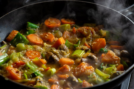 Cooking vegan vegetable stew. Rice with different vegetables - leek, mushrooms, potatoes seasoned with curry seasoning.の写真素材
