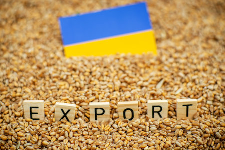 Export of Ukrainian grain concept. The word export and the flag of Ukraine on a grain background.の写真素材