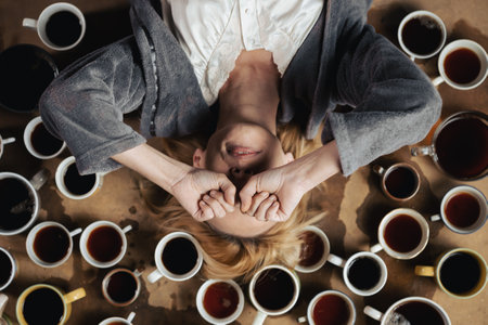 Lots of cups of coffee and a tired woman. Deadline, overtime concept. Need for wakefulness.の写真素材