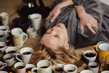 Woman surrounded by many cups of coffee, deadline concept. Workaholism, overtime, the need to be...