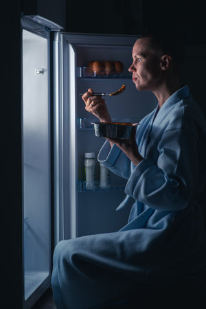 A woman with a short haircut eats near the refrigerator at night. Night appetite, diet concept. A bald thin woman satisfies her hunger.の写真素材