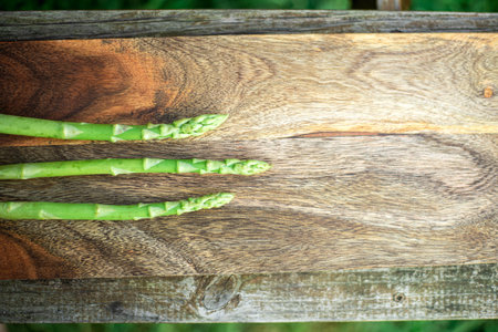 Three shoots of green asparagus on wooden background. Place for text.の写真素材